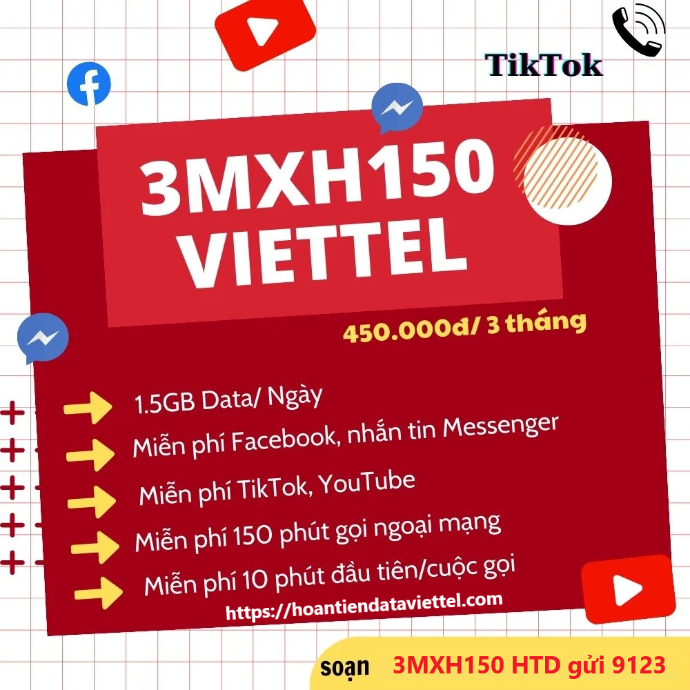 Gói cước 3MXH150 Viettel hoàn tiền có 135Gb Free FB, Tiktok, YT 90 ngày